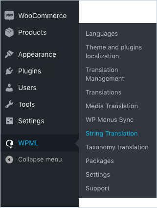WPML String translation option from dashboard