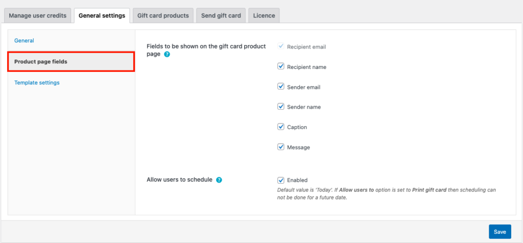 WooCommerce gift card product page fields