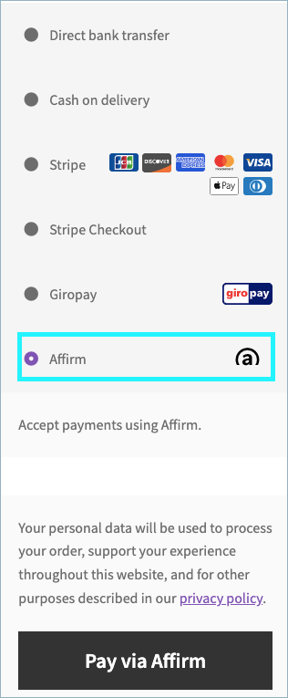 Affirm payment option is displayed as an option on the checkout page.