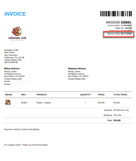 sample invoice of WooCommerce delivery date