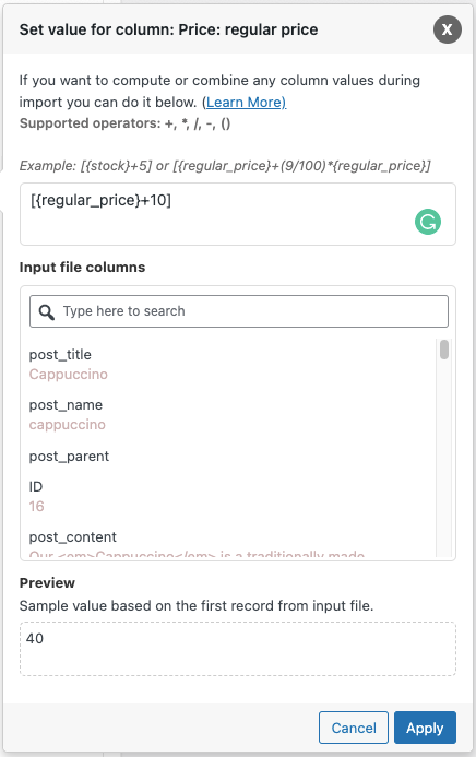 Expression pop up for updating product values in WooCommerce