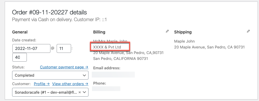 updated order field value of billing company in WooCommerce