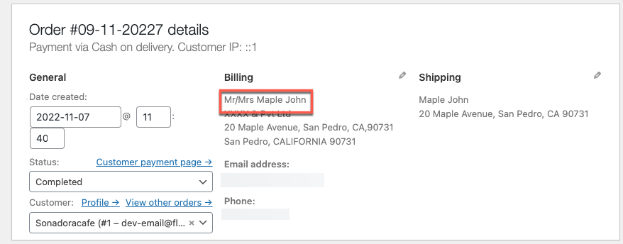 updated order field value of billing name in WooCommerce