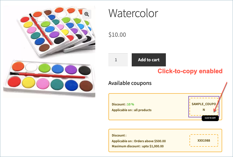 Coupon section with click-to-copy enabled