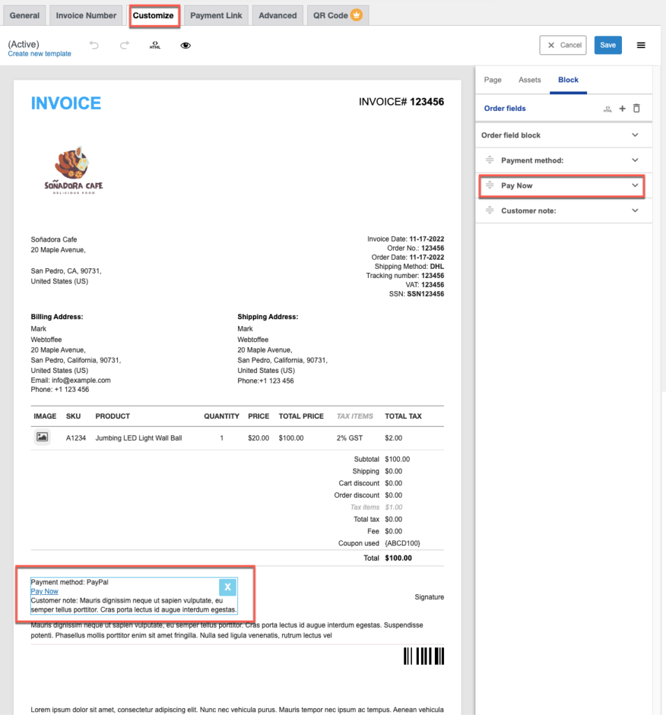 customize the invoice template with Pay now link
