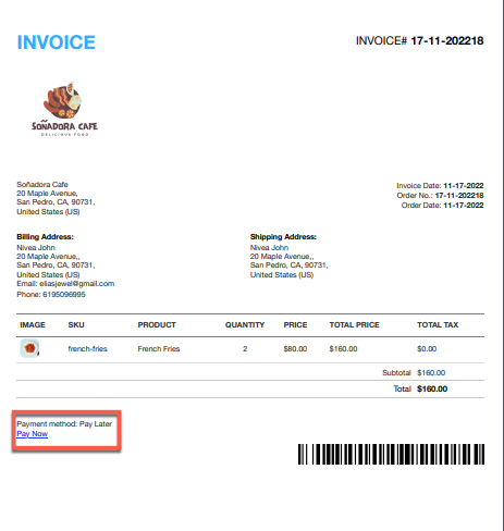 A sample invoice with pay now link