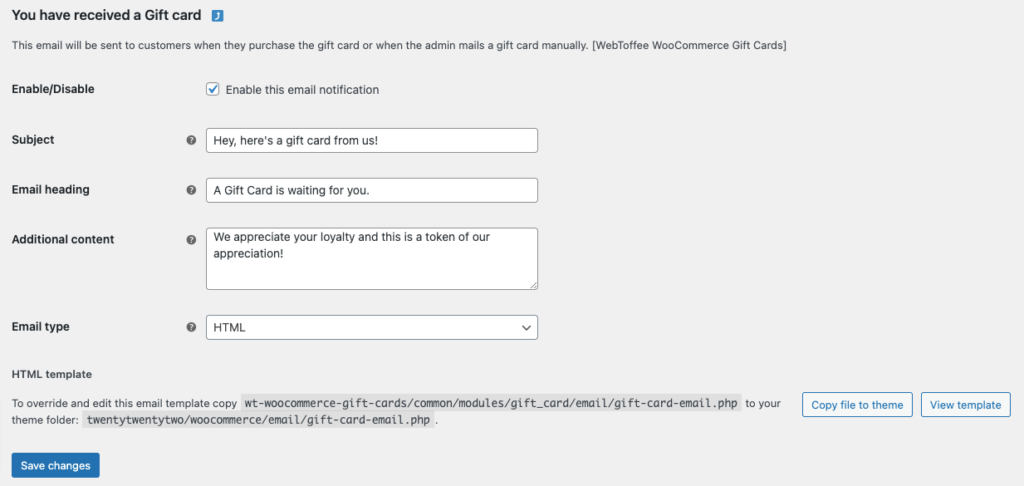 Configure gift card email
