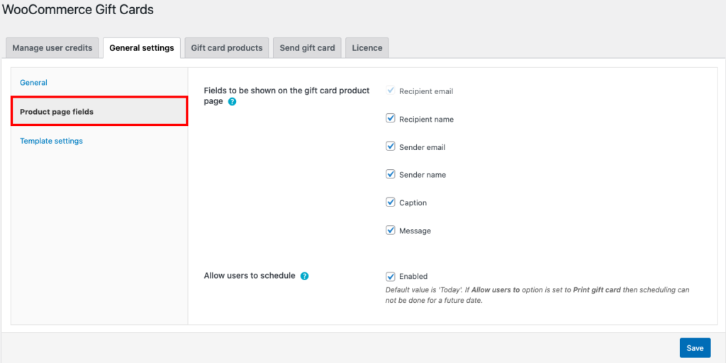 Gift card product page fields