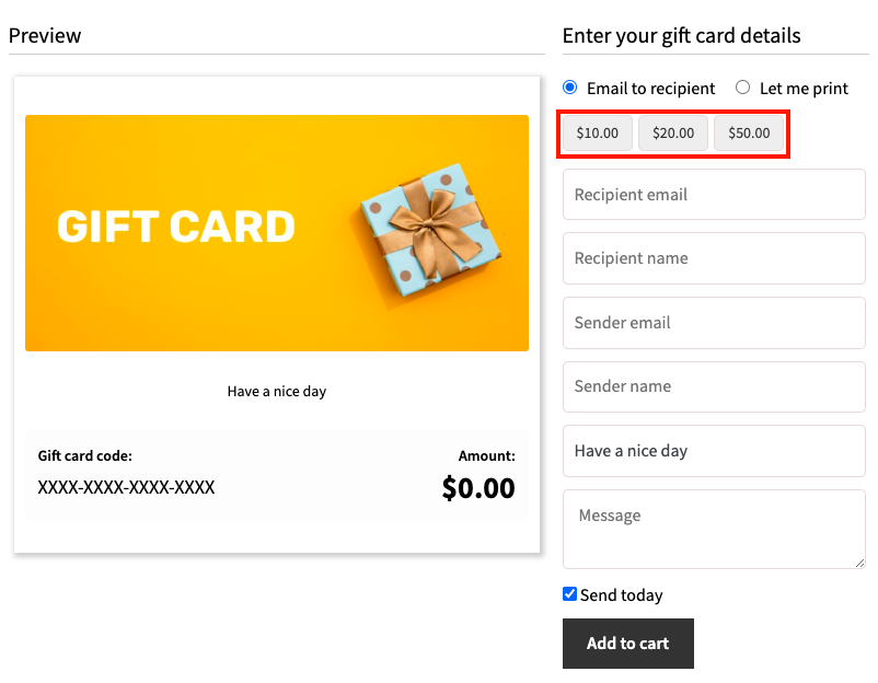 Gift card product page preview