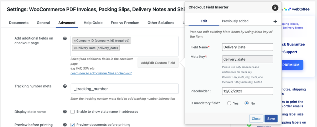 add checkout fields using WooCommerce invoice plugin