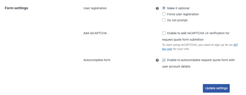 form settings of request quote page in WooCommerce