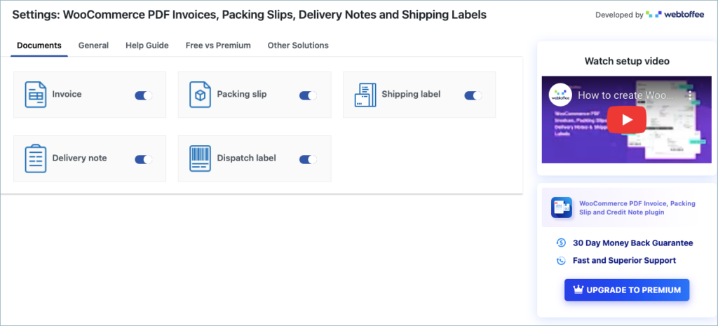 Documents tab of the WooCommerce PDF Invoice, Packing Slips, Delivery Notes and Shipping labels (free) plugin