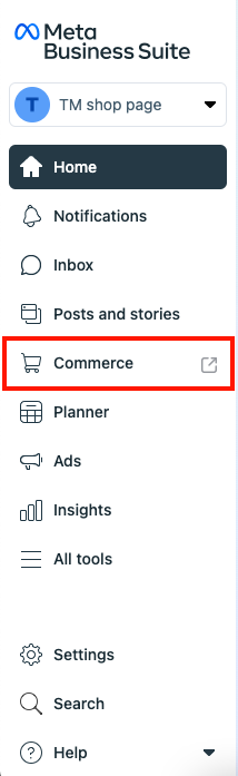 Select Commerce tab on Meta Business Suite Page