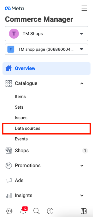Select Data sources from Meta Commerce Manager