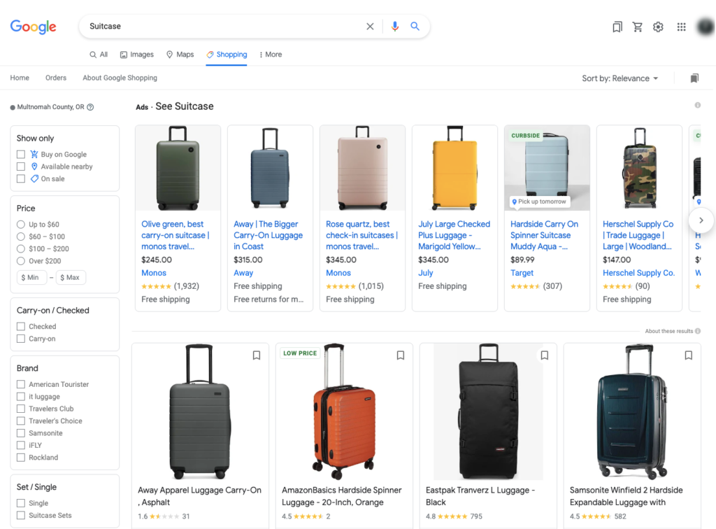 Google Shopping page for Suitcase