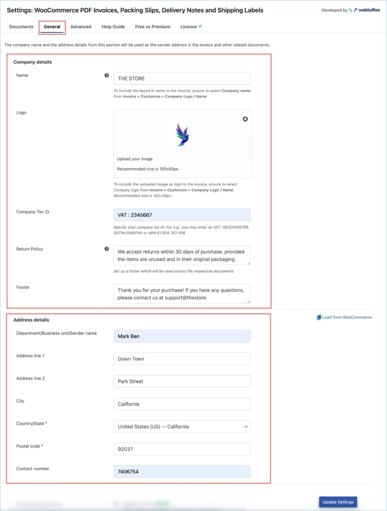 Adding company information and store address