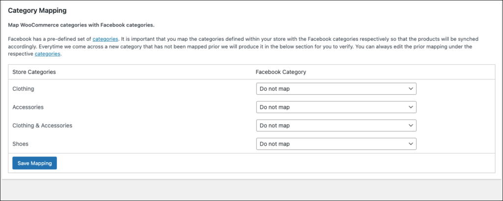 Map store categories with Facebook category