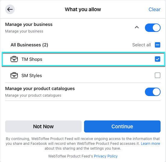 Choose from business accounts/fb shops to sync