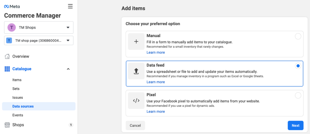 select datafeed for adding items to Facebook shops
