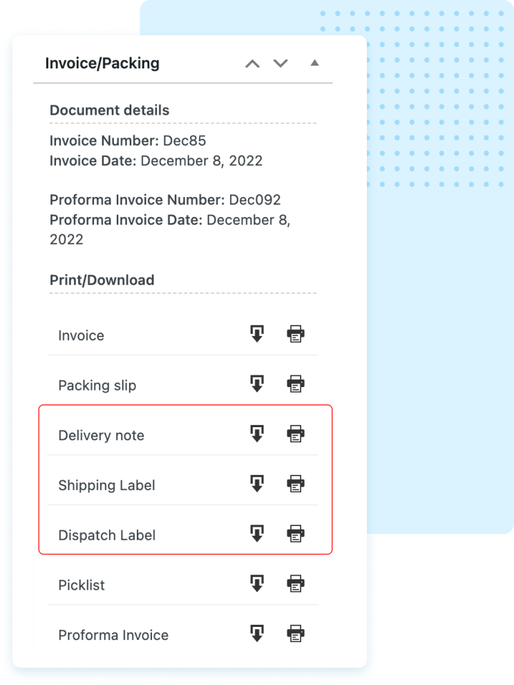 Download or print order documents from admin panel