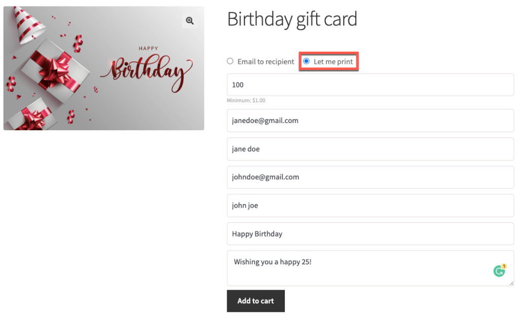 print option in gift card products