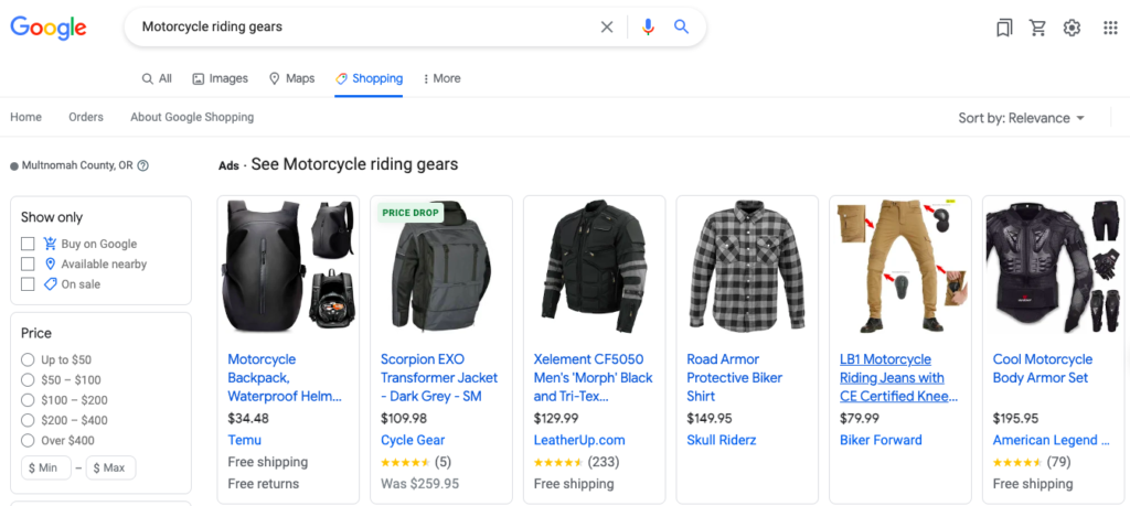 An example of Google Shopping page