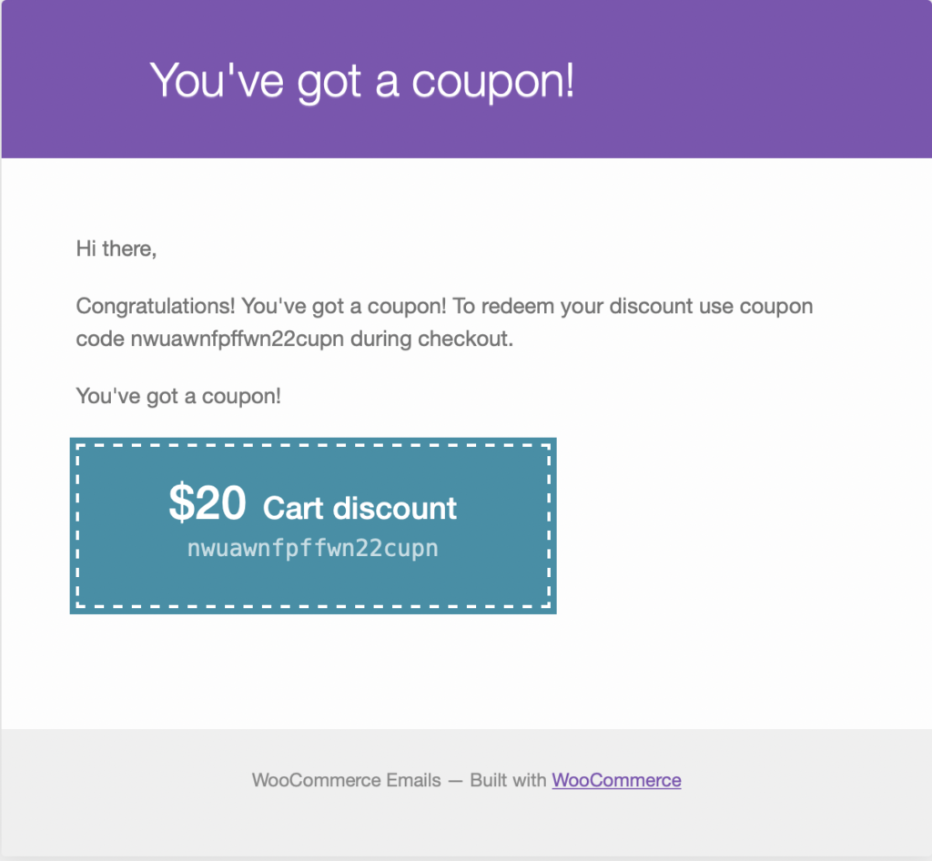 Bulk generated coupon sent to the customer
