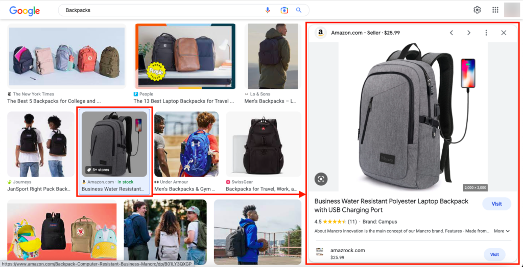 Product listing on Google Images