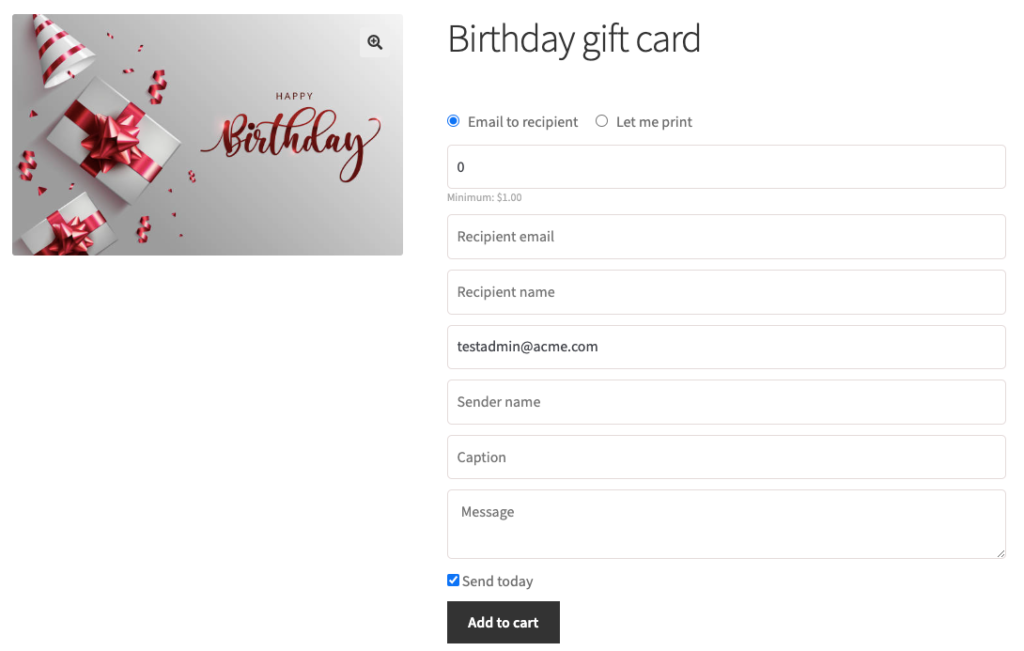 WooCommerce gift card product