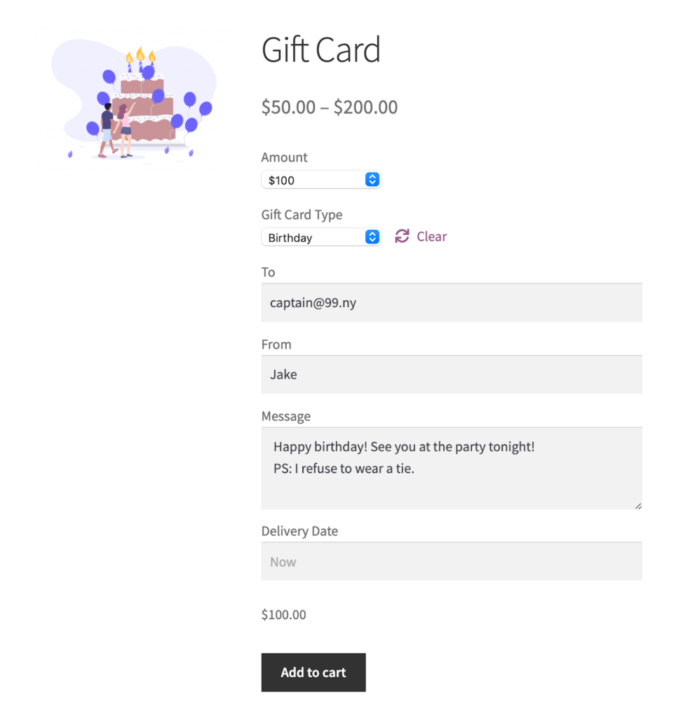 WooCommerce gift card product generated