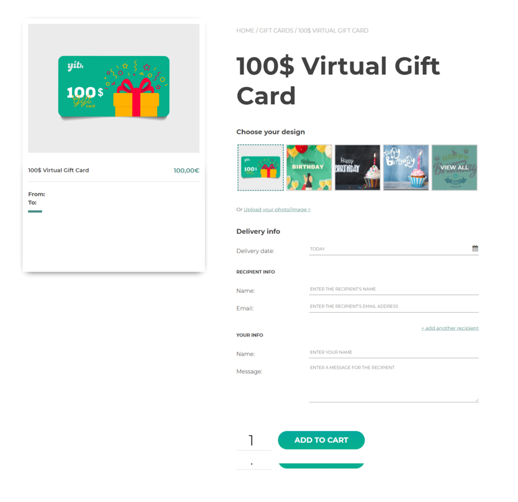 YITH gift card product in the store