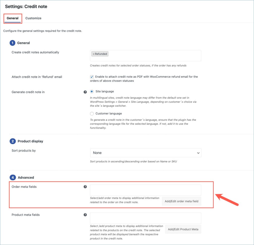 Order meta fields option - WooCommerce credit notes