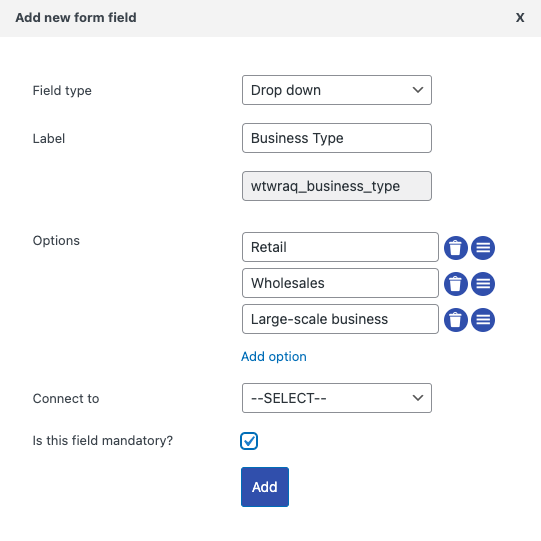 create WooCommerce dropdown field for quote form
