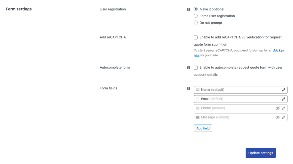 WooCommerce quote form settings
