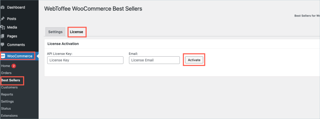 WooCommerce Best Sellers - License page