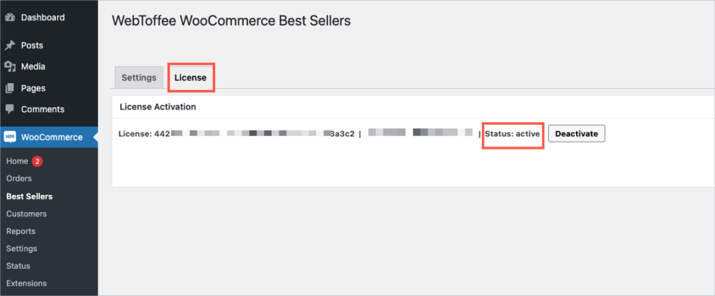 WooCommerce Best Sellers - License page