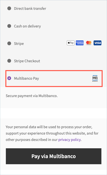 Multibanco button on checkout page