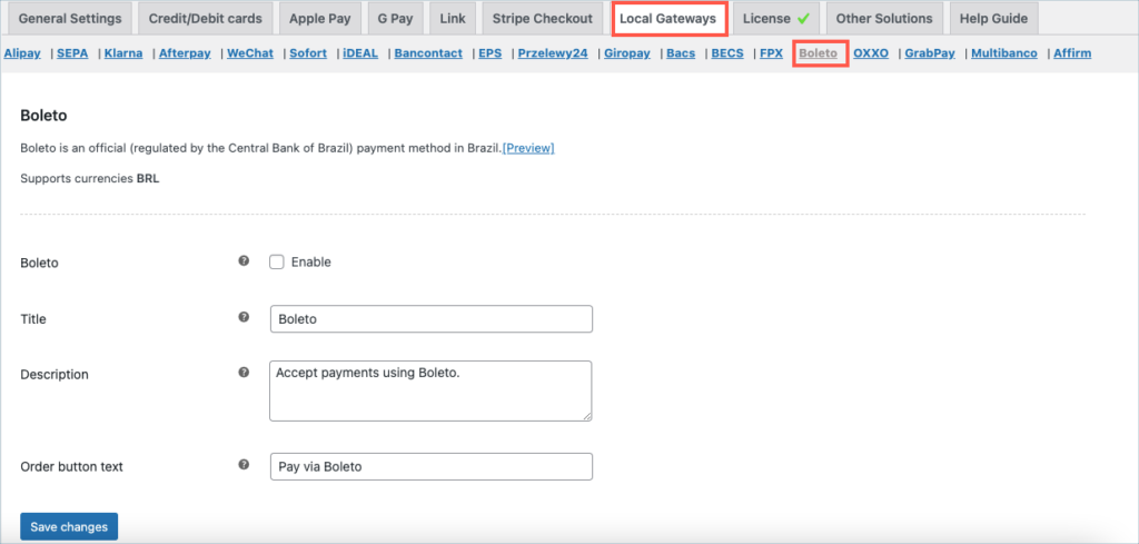 Boleto Payment method - Settings Page