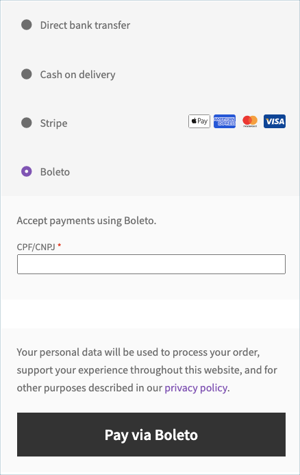 Boleto payment button in the checkout page