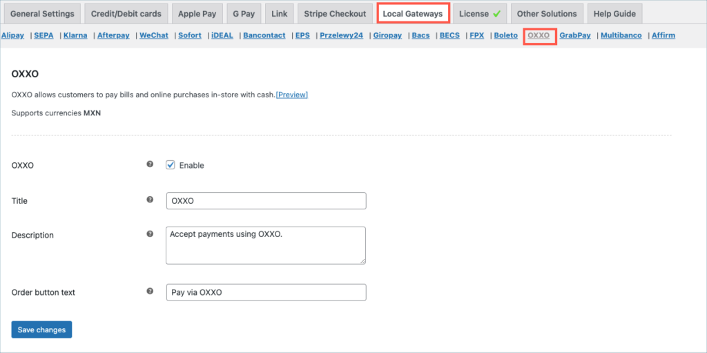 OXXO payment -Settings page