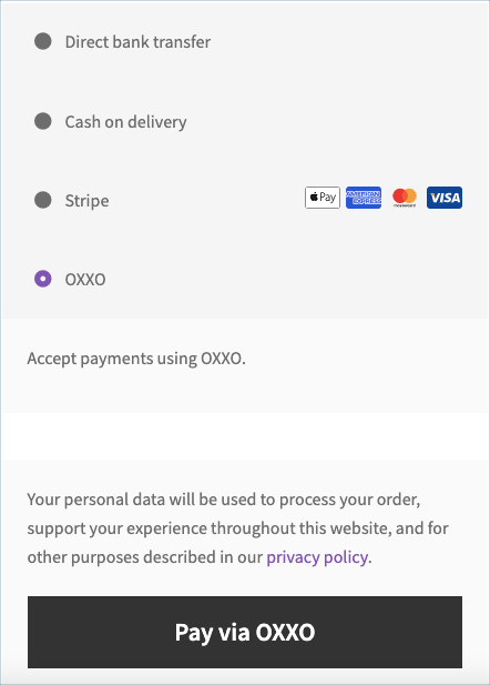 OXXO payment button on the checkout page