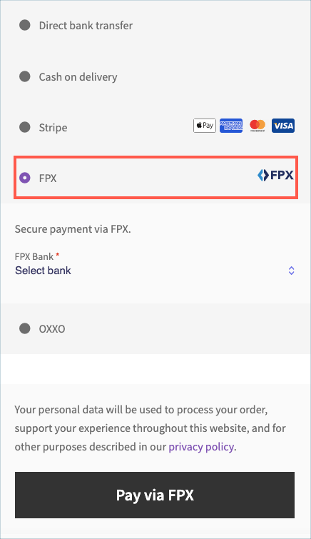 FPX at the checkout page