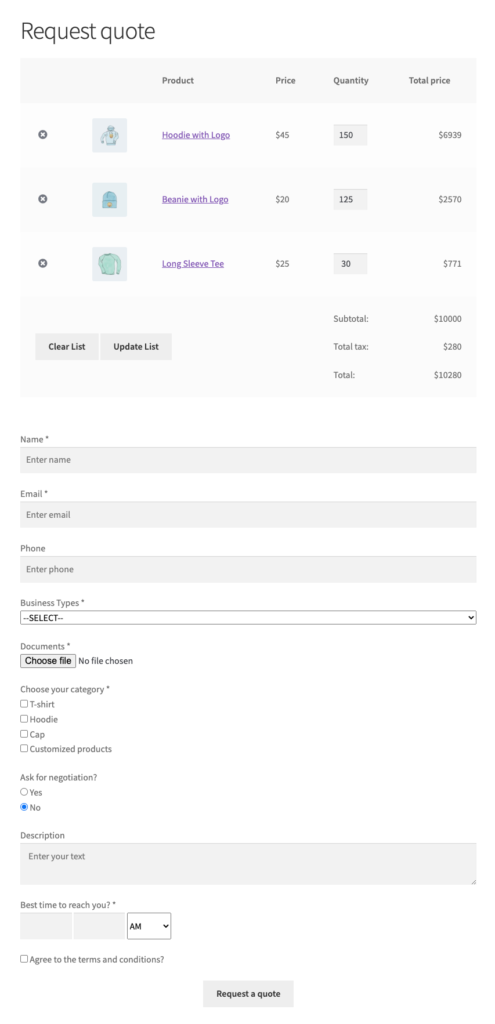 woocommerce request a quote form page