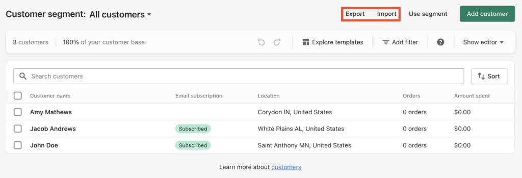 Customer import export tool in Shopify