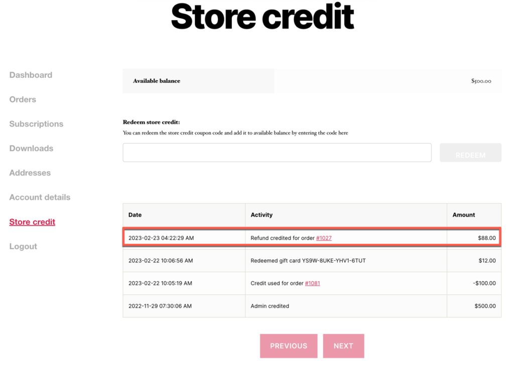 Store credit in my account
