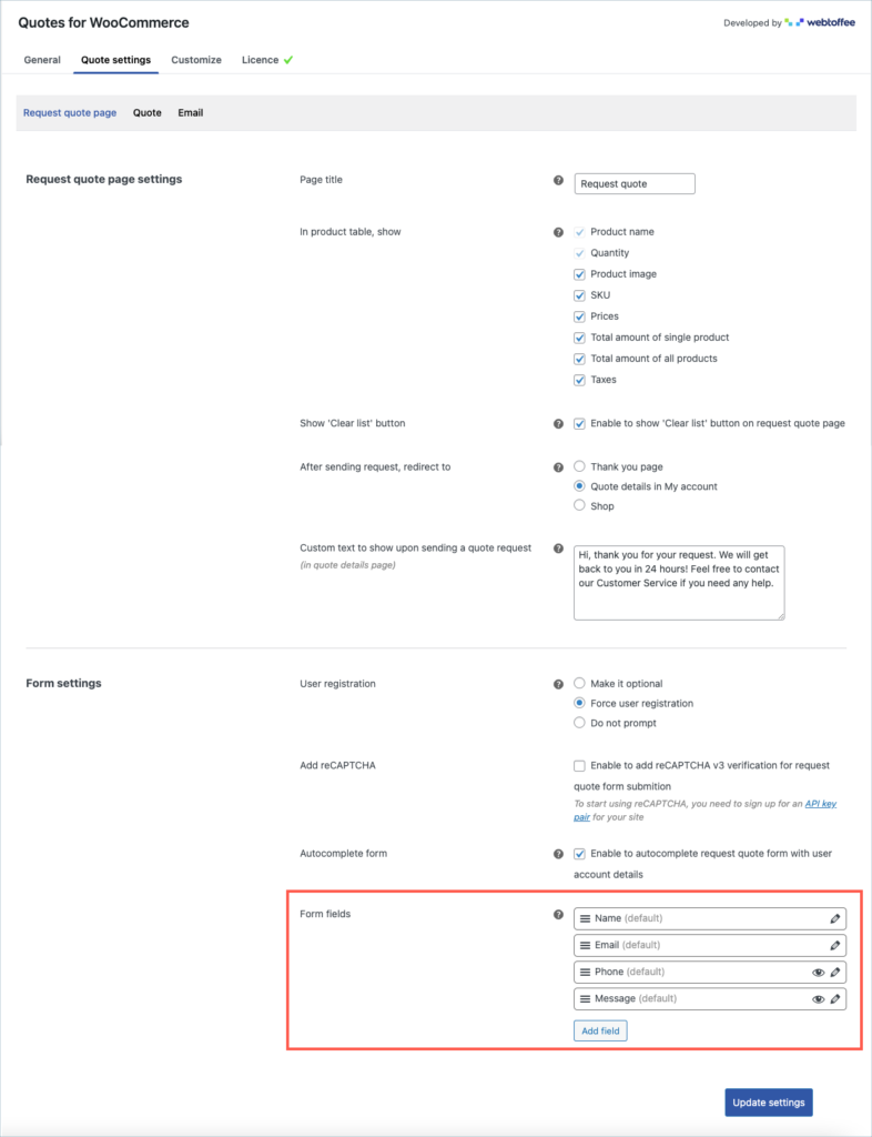 Customizing Request quote - form fields