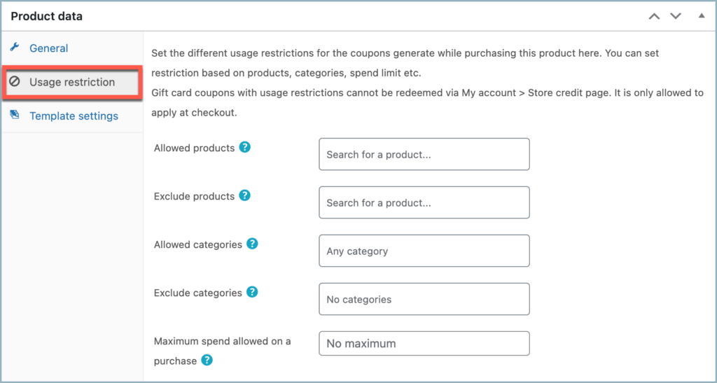 WooCommerce Gift Cards - Gift card product data Usage restriction section
