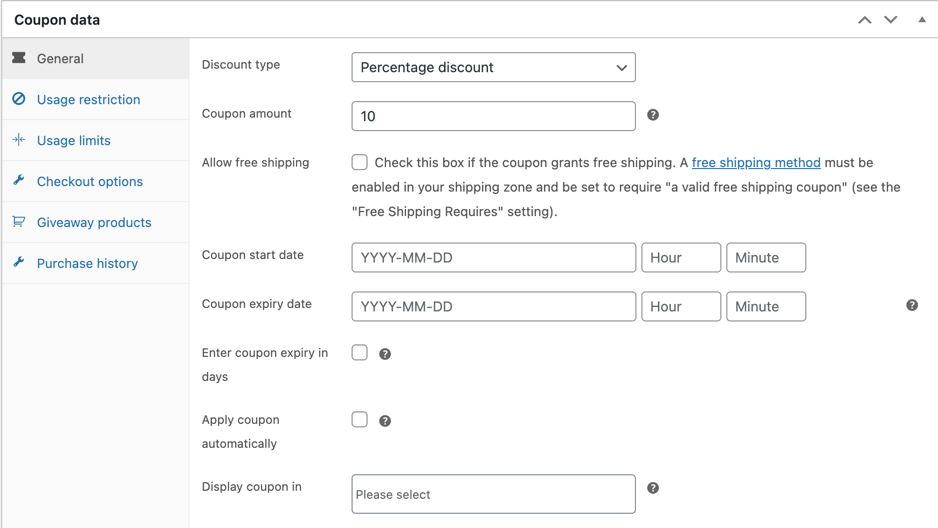 All available general settings for WooCommerce coupons with premium extension