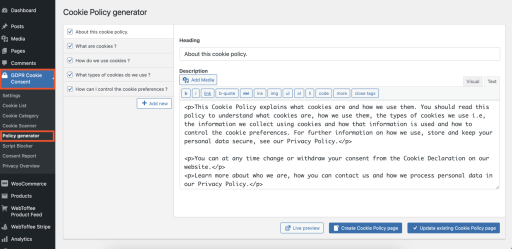 Cookie policy generator tool