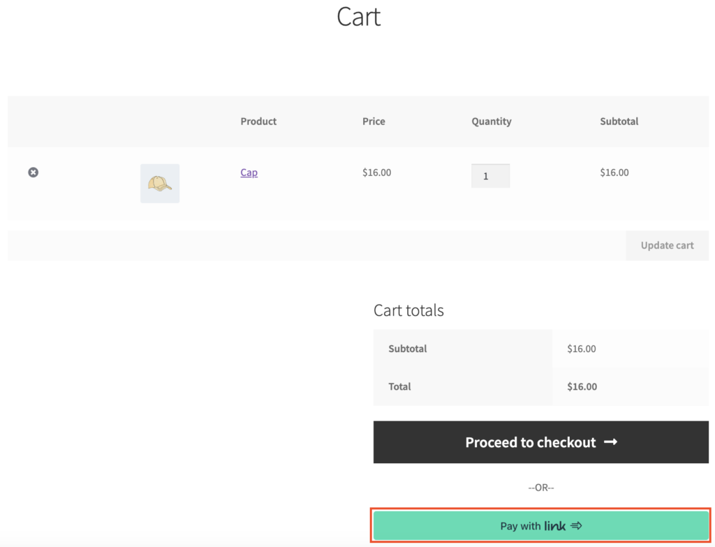 Link button on cart page
